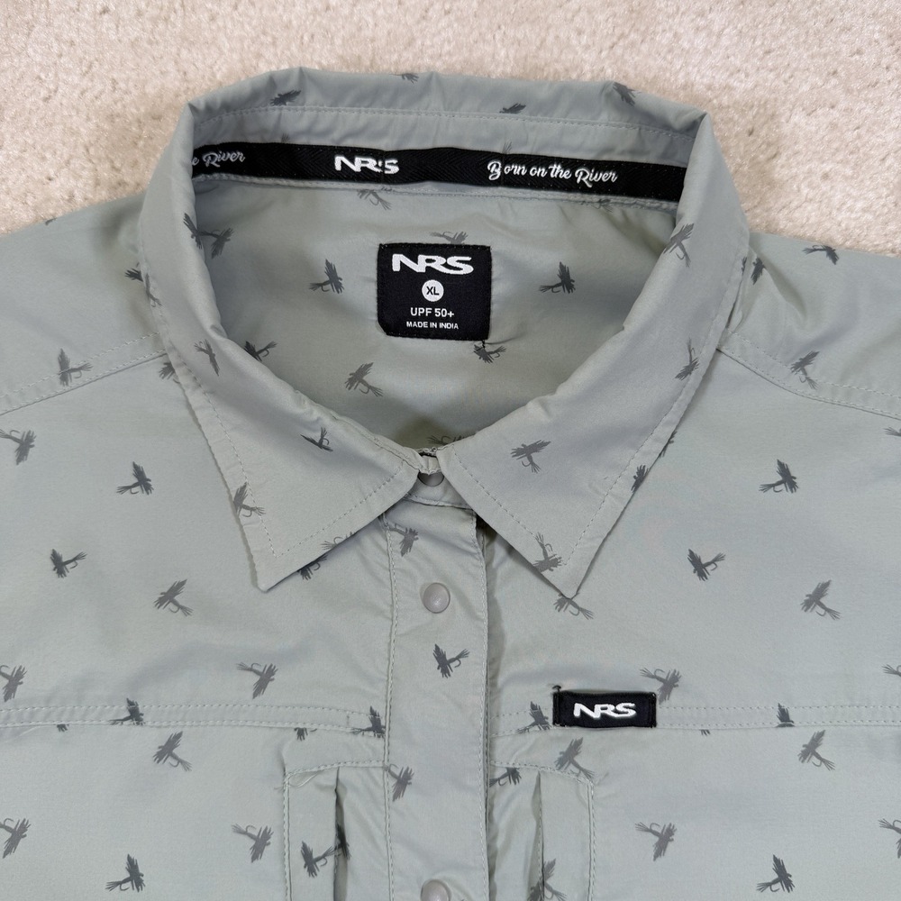 NRS Drifters Guide Wear Shirt Women's XL Green Light Nylon Roll Tab AOP Flies